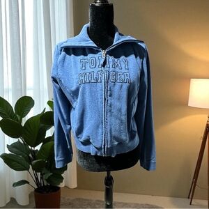 Tommy Hilfiger Women's Blue Zip-Up Hoodie Cotton Y2K Women XL Embroidered Logo